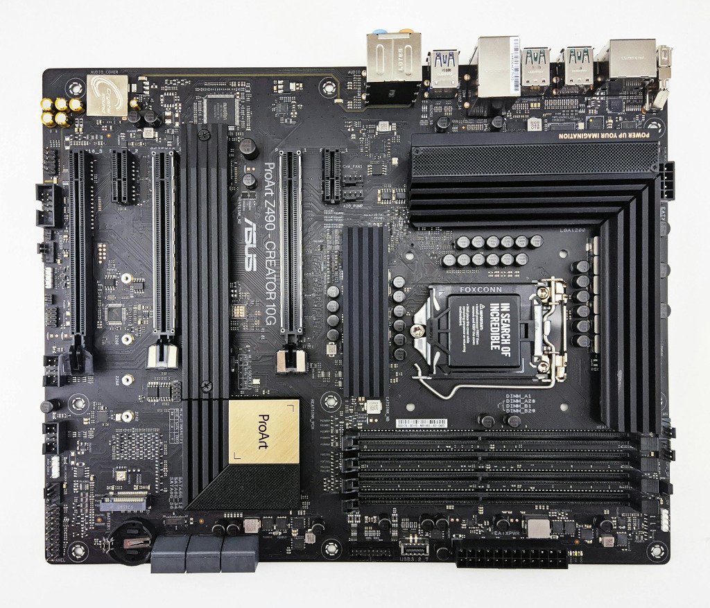 A computer motherboard showing all the different slots and connections